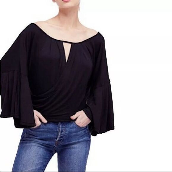 FREE PEOPLE Last Time Draped Bell-Sleeve Top Black Small - Picture 1 of 7